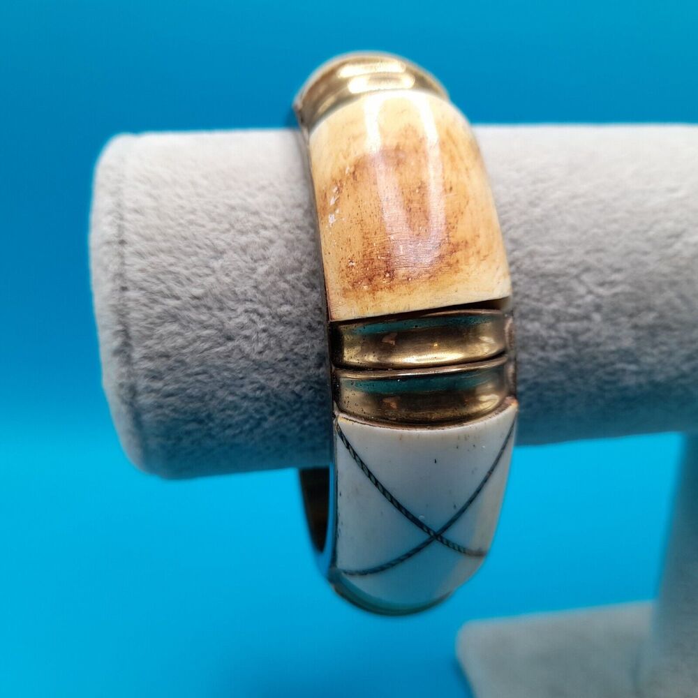 Vintage Brass Bone Inlay Wide Bangle Bracelet Cream Tribal Boho 8 Inch